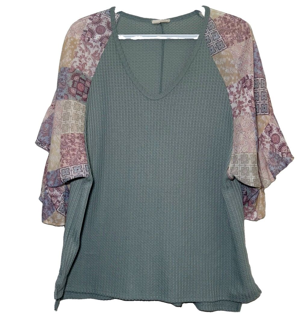 143 Story Waffle Knit Top Small Sage Green Patchwork Bell Sleeve Boho V Neck USA